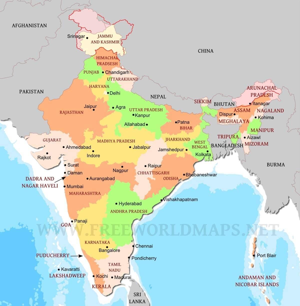 mapa político de la India del norte