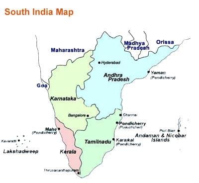 mapa de la India del sur con las ciudades
