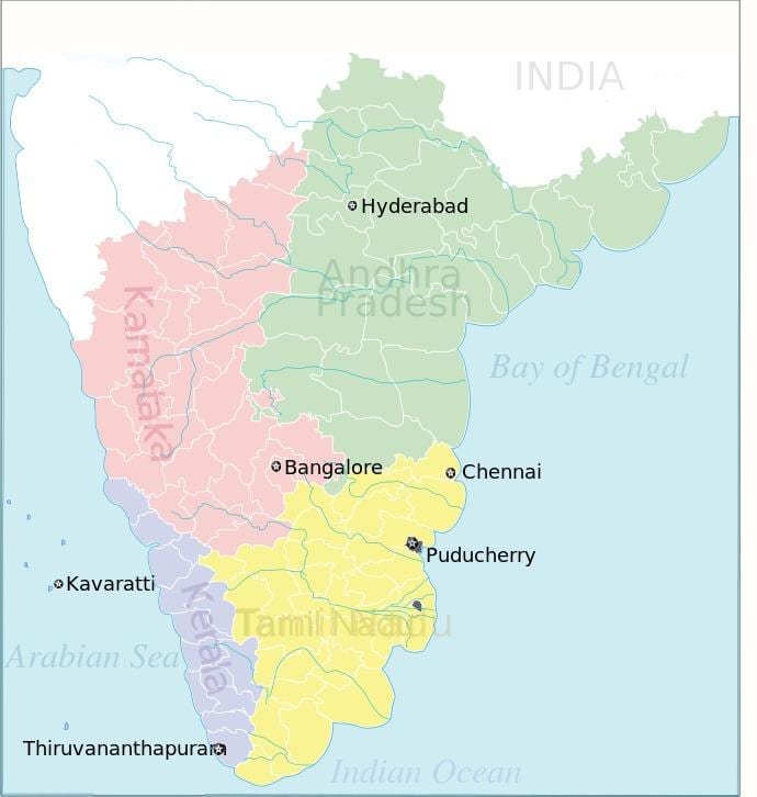 el sur de la India mapa político