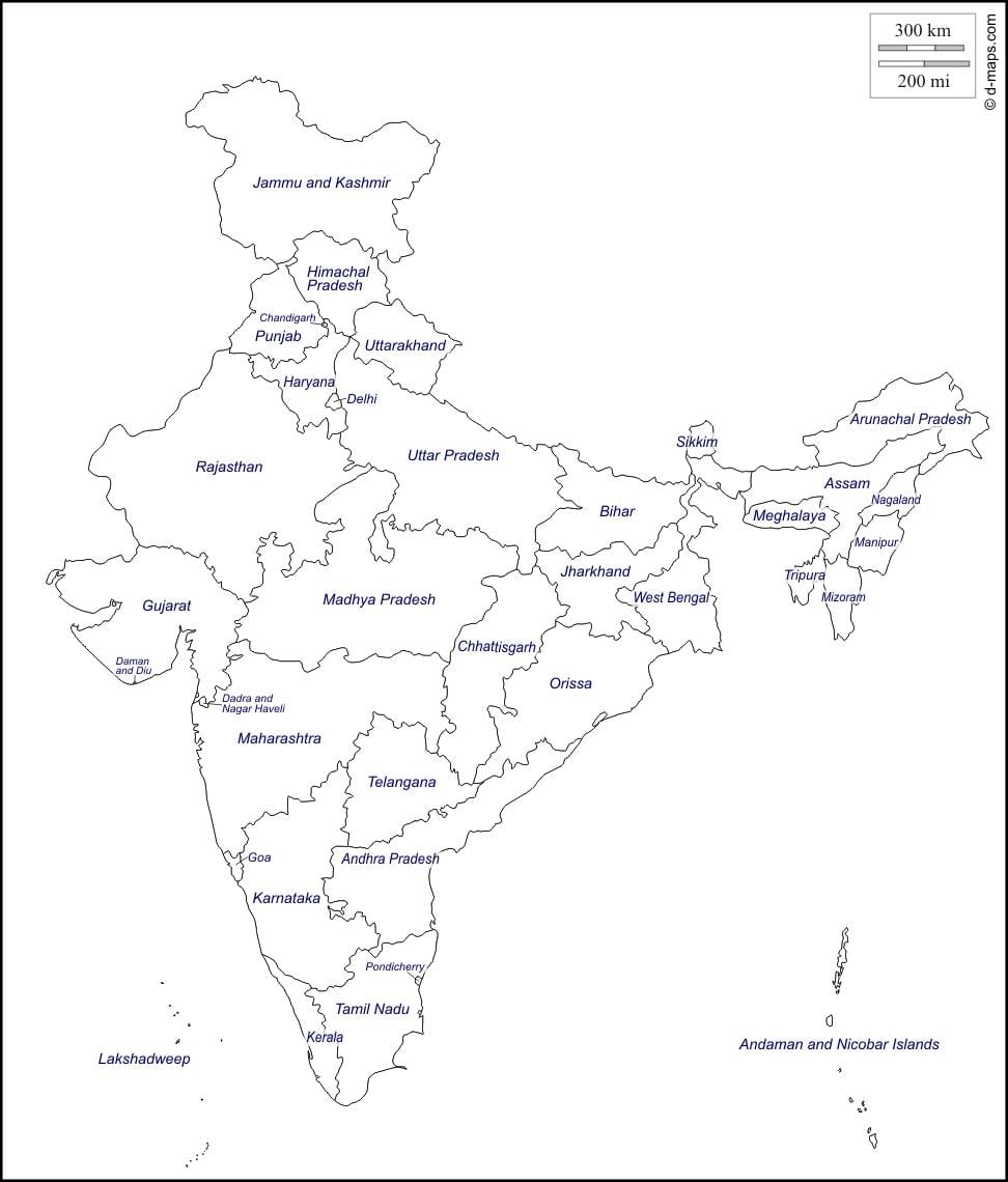 La India mapa de esquema con los estados