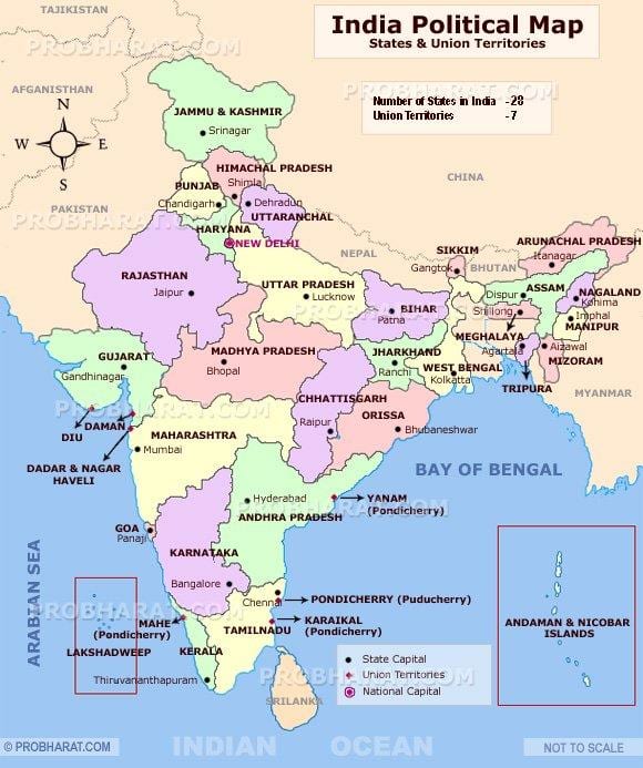 mapa de la India con las capitales