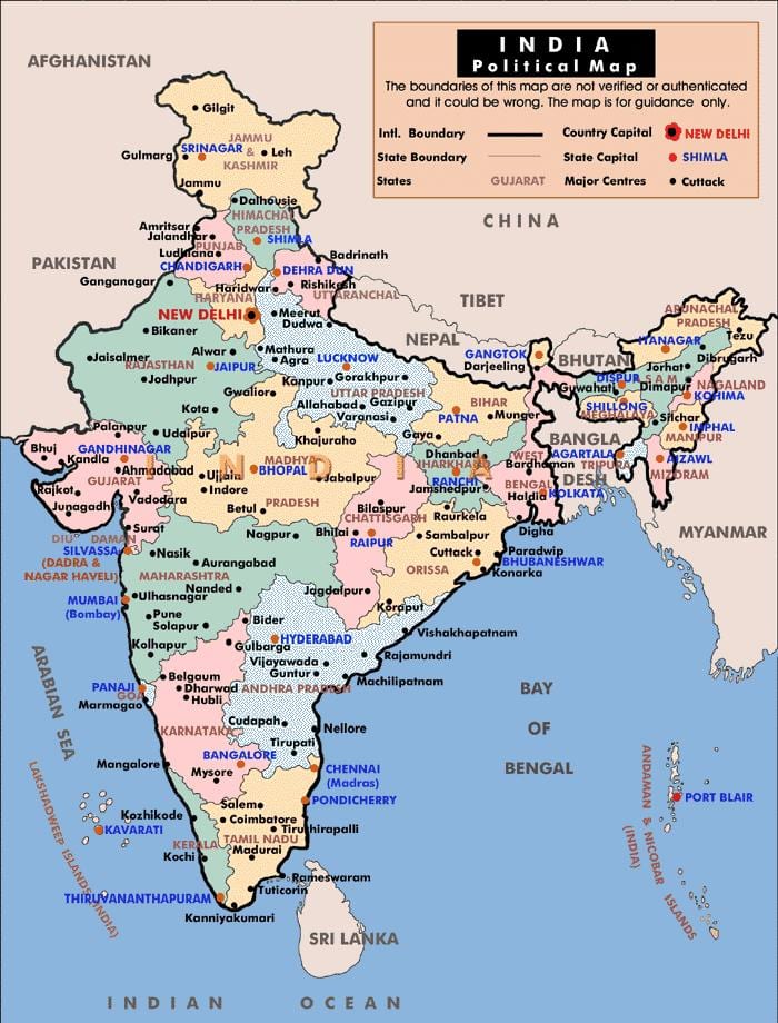 mapa político de la India con los estados