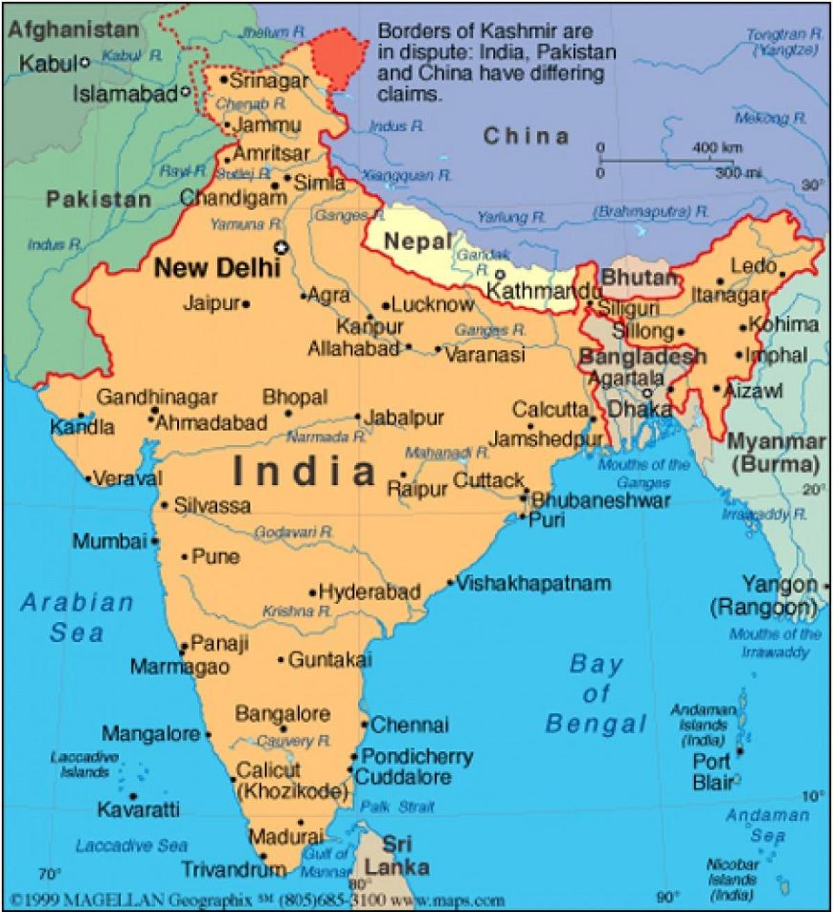 La India Políticos Y Países Adyacentes Mapa 