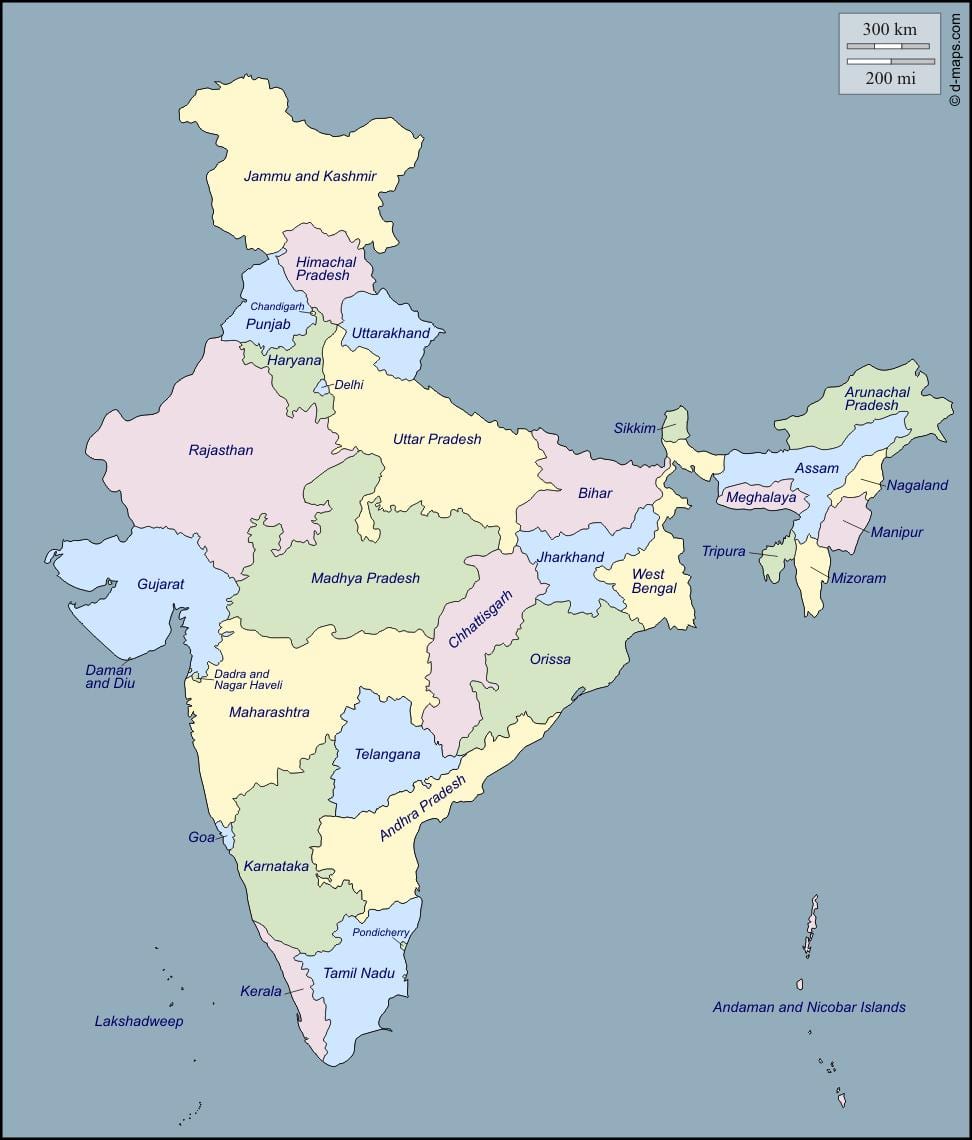 La India mapa con los nombres de los estados