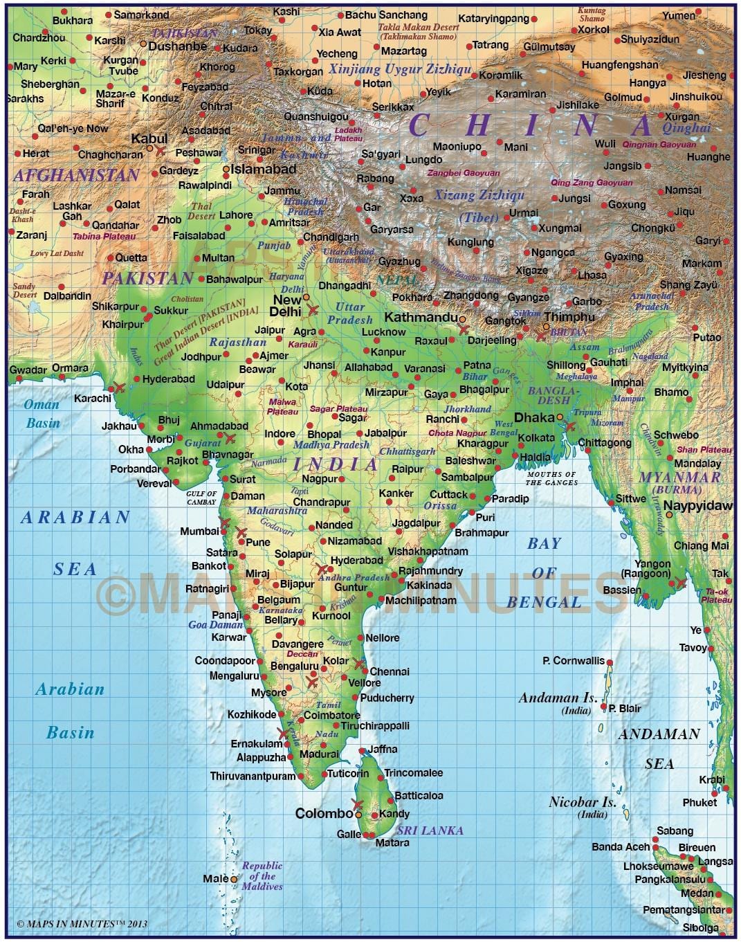 mapa en relieve de la India
