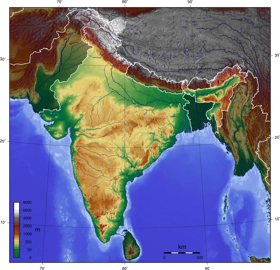 La India mapa topográfico