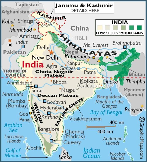 mapa de montañas en la India