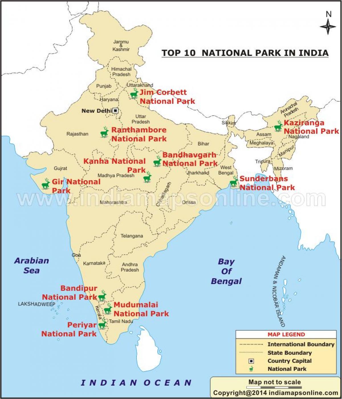 mapa de parques nacionales de la India