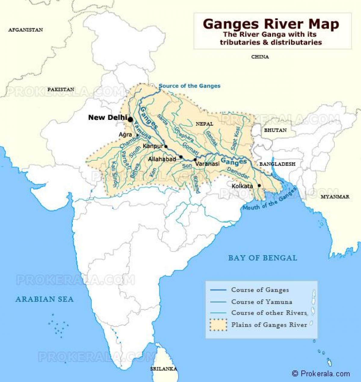 Río ganges en la India mapa de la India ganga mapa del río (en el Sur