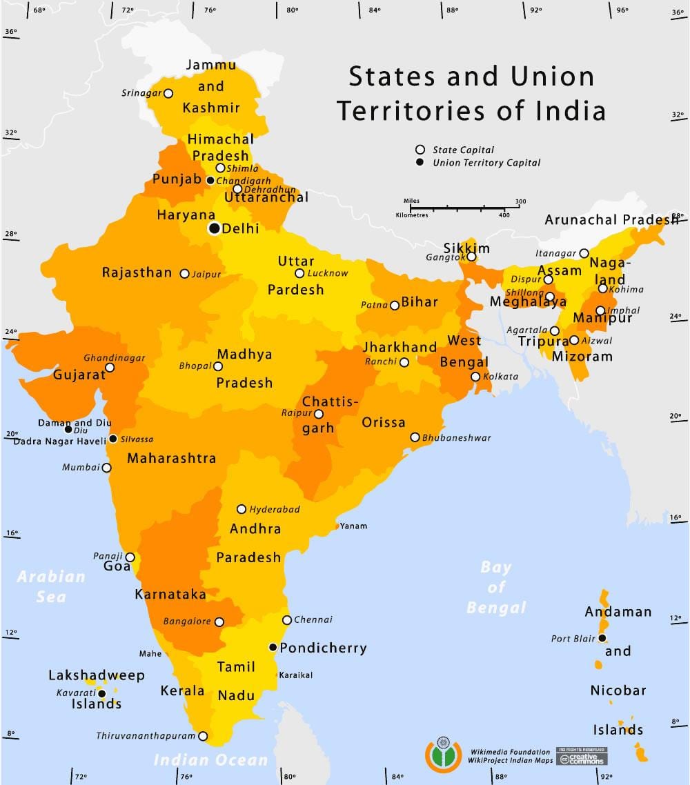 territorios de la unión de la India en el mapa