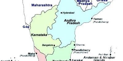 Mapa de la India del sur con las ciudades
